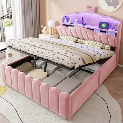 Image de Lit multifonctionnel 140x200 cm, avec éclairage LED, port USB, espace de rangement, tête de lit rembourrée, couleur rose