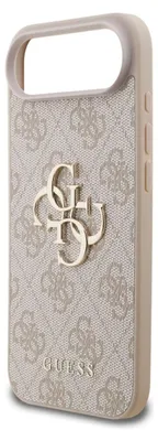 A close-up, angled view of a phone case with a repeating pattern and a prominent logo.