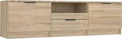 A long, low media console or sideboard with a wood grain finish.