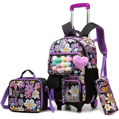 Image de Sac à dos à roulettes pour filles, ensemble de 3 pièces