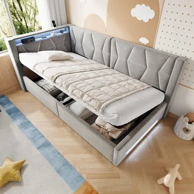 Obrázek produktu pro Postel STILVORA, čalouněná, rozměr 90x200 cm, s úložným prostorem a hydraulickým zvedacím mechanismem, sametová postel s LED osvětlením a USB/Type-C porty, jednolůžko s roštovou základnou
