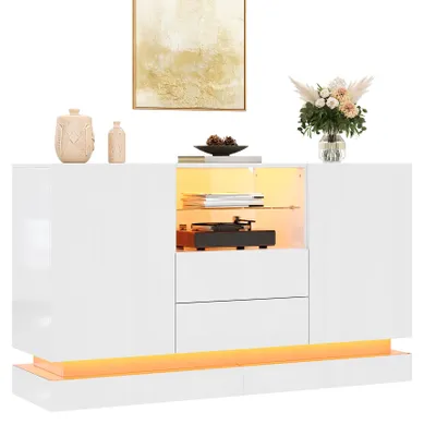 Produktbild von Moonbite Anrichte 140 cm mit 2 Türen, 2 Schubladen und Glasboden, offene Mittelablage, weiße Hochglanz Kommode Wohnzimmerschrank, Spanplatte, Weiß