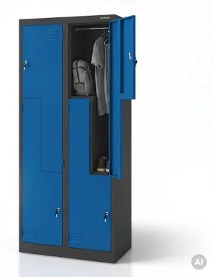 Image de Armoire de rangement Jan Nowak Z02, modèle avec 4 compartiments, casier vestiaire, armoire métallique, porte battante, fentes de ventilation, revêtement par poudre. Dimensions : 185 cm x 80 cm x 45 cm. Couleur : anthracite/bleu