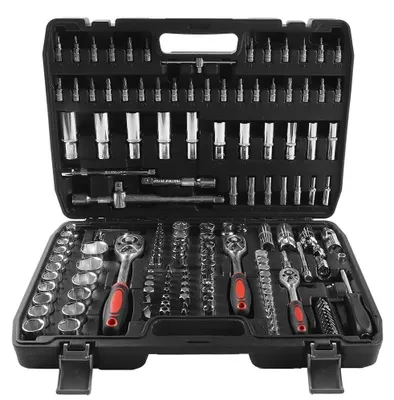 Image de Mallette à outils de 171 pièces - Jeu de clés à cliquet et de douilles - 72 dents, acier chrome-vanadium, outils pour automobile, professionnels, avec mallette