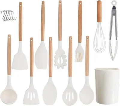 Produktbild von 11-teiliges Naturliches Holz Kuchengerat-Satz - Spatel Löffel Küchenutensil-Satz - Weiß