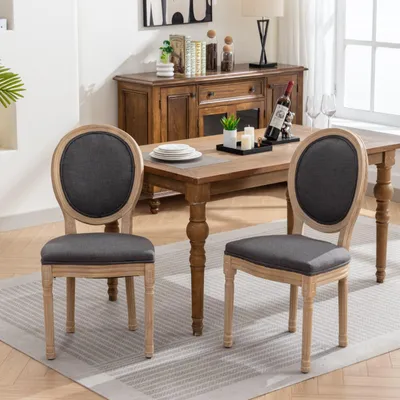 Zdjęcie produktu dla Zestaw 2 krzeseł do jadalni z litego drewna w stylu rustykalnym, krzesła tapicerowane z lnianym obiciem w stylu shabby chic, kolor ciemnoszary
