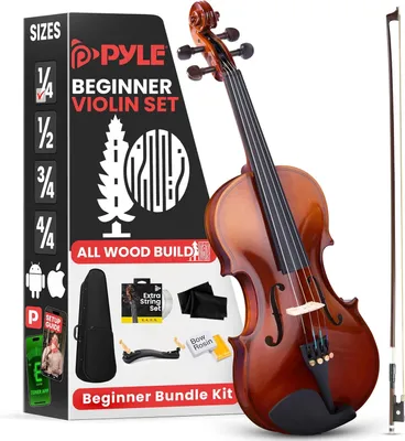 Produktbild von Pyle Violine Set Größe 1/4 – Leichtes Streichinstrument mit Holzfurnier – Geige mit Zubehör inkl, Geigenkoffer, Kolophonium, Violine Stimmgerät