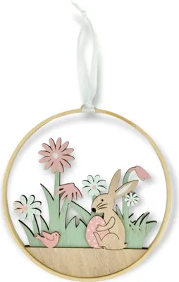 Produktbild von Holz Hänger Osterhase auf Blumen-Wiese braun bunt 20cm Dekohänger Osterdeko Tür-Kranz