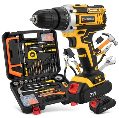 Productafbeelding van Accu klopboormachine 21V set – 2 accu's 2000 mAh, 2 versnellingen 0-1500 tpm, 25+3 koppelstanden, 10 mm snelspankop, LED, 31-delige koffer, AI-gegenereerde afbeelding