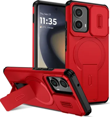 Obrázek produktu pro Magnetické pouzdro pro Motorola Edge 2024, dvouvrstvé odolné pouzdro s posuvnou ochranou fotoaparátu a nastavitelným stojánkem Červená