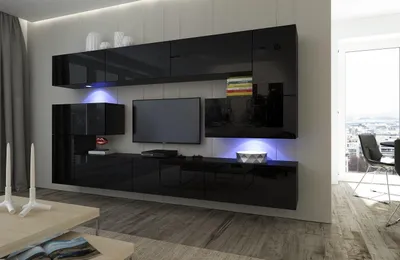 Immagine prodotto di Furnitech Parete attrezzata soggiorno - Mobili soggiorno con LED Blu - Parete attrezzata moderna - Parete attrezzata soggiorno con mensole e mobile TV (Albania AN3-17B-HG20 1A)