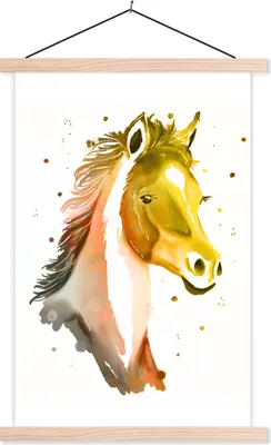 Produktbild von MuchoWow® Textilposter Pferd - Gelb - Orange - Mädchen - Kinder - Mädchen 120x180 cm mit holzfarbenen Rahmen - Textil-Plakat