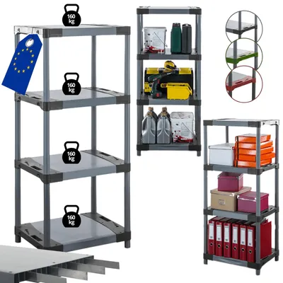 Produktbild von MODO24 Kunststoffregal, 4 Ablagen, 160kg/Boden, Schwerlast, Steckregal, Lagerregal, Plastikregal, Werkstatt, 138x60x46?cm, Grau, TYTAN