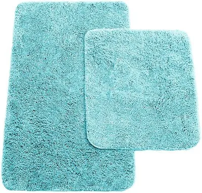 Produktbild von Ibenzoa® Badematten-Set 2‑teilig – Badmatte 50×80 cm + WC‑Vorleger 45×50 cm, Hochflor-Polyester mit rutschhemmender Latexrückseite, Türkis
