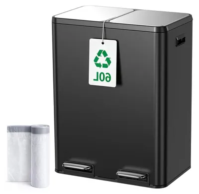 Image de Poubelle de cuisine - Poubelle double - Pour le tri des déchets - Couvercle à fermeture douce - 60 litres - Acier inoxydable