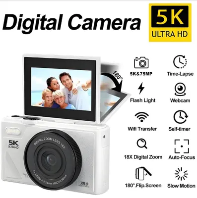 Produktbild von 75-MP-Digitalkamera mit 5K-UHD-Auflösung für Fotografie, 18-fach-Zoom, Vlog-Camcorder, Livestream, WLAN-Webcam, 3,0-Zoll-Klappbildschirm, Autofokus und Selfie-Kamera weiß
