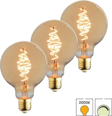 Produktbild von 3-er Set LED-Lampen E27 | 3,5 Watt dimmbar | 2000K extra warmweiß | Kugel 95 mm | Bernstein | Spiralförmige Glühwendel | Lybardo