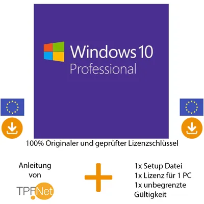 Produktbild von MS Windows 10 Pro Multilingual 32 bit & 64 bit Vollversion - Original Aktivierungsschlüssel per  E-Mail + Anleitung von TPFNet® - Versand max. 60Min