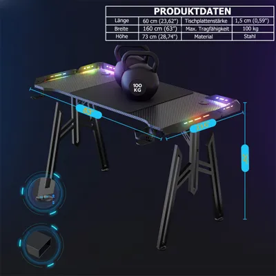 Obrázek produktu pro Herní stůl LARS360 M-legs s LED diodami, černý stůl s povrchem z uhlíkových vláken, PC stůl s držákem na nápoje a háčkem na sluchátka, 160 x 60 x 73 cm