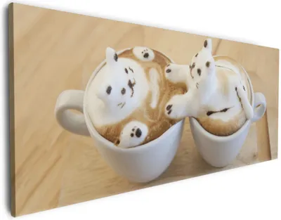 Produktbild von Wallario Premium Leinwandbild Süße Milchschaum Katzen auf Kaffee in Größe 80 x 200 cm