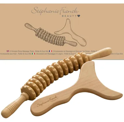 Produktbild von Massage-Set aus Holz: Gua Sha und Massage-Rolle – Glattes Holz – Für Beine, Gesäß, Bauch und Arme