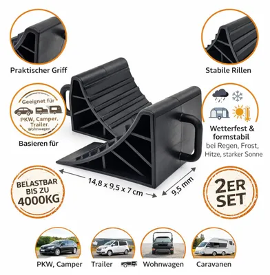 Produktbild von Unterlegkeile Anhänger für PKW Wohnmobil Wohnwagen 2er Set robuste Radkeile bis 4000 kg wetterfest mit Griff kompakt