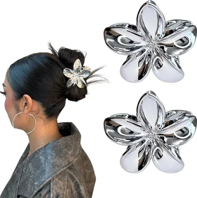Produktbild von Silber Blume XXL Haarklammer 2Stk – 8 cm große Haarspangen - Haarklipse Damen Mädchen Haarschmuck Metall Hawaii Claw Clip Blume kralle Zöpfe Schmuck