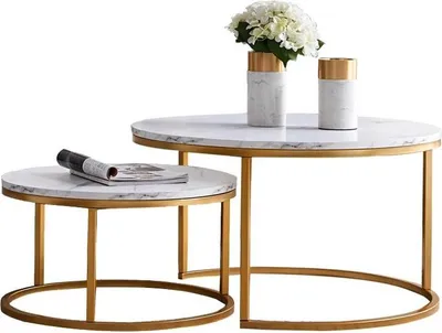 Obrázek produktu pro Kulaté konferenční stolky – sada 2 ks – dřevo – moderní minimalistický styl – obývací pokoj – zlatá