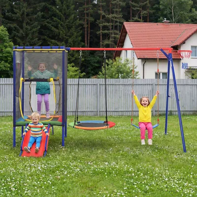 Immagine prodotto di okwish Giocattolo da esterno per bambini, set altalena da esterno con trampolino e altalena, struttura da gioco multifunzionale da giardino con rete di sicurezza e canestro da basket, blu + rosso