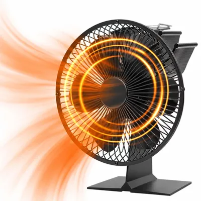 Productafbeelding van Relaxdays beschermrooster voor kachelventilator, werkt op warmte, geen stroom nodig, 6 bladen, vrijstaand, afmetingen (hoogte x breedte x diepte): 21,5 x 19 x 11 cm, aluminium, zwart, AI-gegenereerde afbeelding
