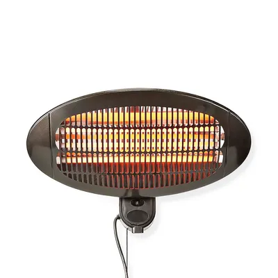 A dark-colored electric heater with glowing orange heating elements mounted on a white background.