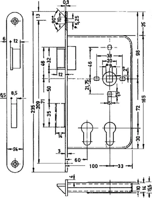 Produktbild von BMH Einstemmschloss 1015 PZW/2 PZ Funktion, rechts, DM 60/100,Edelstahl Stulp 24