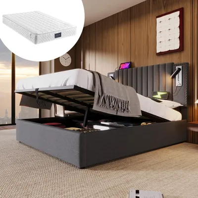 Produktbild von MODFU Boxspringbett Hydraulisches 140 x 200 cm mitLeselicht mit USB Ladefunktion, Polsterbett Funktionelles mit Rückenlehne mit Nietendesign, Doppelbett Stauraumbett mit Bettkasten Stauraum, Baumwolle Grau(Mit Matratze)