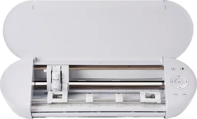 A white Silhouette Portrait 4 hobby plotter is shown with its lid open, revealing the cutting mechanism and control panel.