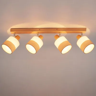 Image de ZMH plafonnier,4 flammes,spot de plafond E14,plafonnier vintage,spot de plafond en bois,avec abat-jour en tissu,orientable 350°,MAX.25W,sans ampoules