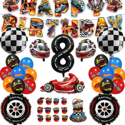 Geburtstagsdeko-Set 54-tlg. Rennwagen-Motiv Ballons Banner