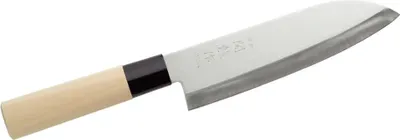 A Japanese-style Santoku kitchen knife on a white background.