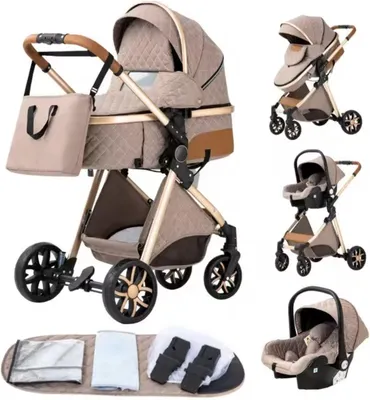 Immagine prodotto di Passeggino 3 in 1: passeggino, culla, passeggino leggero, seggiolino auto. Pieghevole. Struttura in alluminio. Colore: beige/khaki