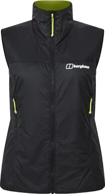 Schwarze Berghaus MTN Arete LB Synthetic Weste mit hohem Kragen und gelben Reißverschlussanhängern