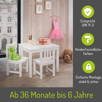 Produktbild von BOMI® Kindertisch mit 2 Stühlen Amy aus Kiefer Massiv Holz für Kleinkinder, Mädchen und Jungen Weiß