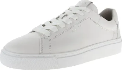 A white leather sneaker is shown from a side angle against a white background.
