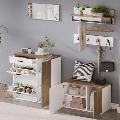 Produktbild von okwish Schuhschrank Garderobenständer Set Fünfteilig Klapptüren,Flurschrank mit Schuhbank und Spiegel,Geeignet für Flur oder Eingangsbereich,Weiß+Eiche