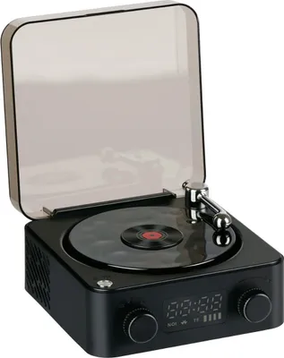 Image de Tourne-disque rétro Bluetooth 5W - Haut-parleur sans fil avec modes d'éclairage et bruit blanc - Boîte à musique avec AUX et carte TF - Lecteur vinyle - 14,2 x 15,3 x 6,7 cm - Noir
