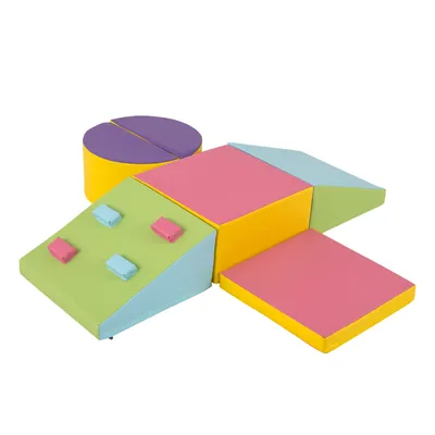 A colorful, multi-piece foam climbing set for children, arranged on a white background.