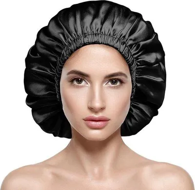 Immagine prodotto di Cuffia da notte in seta per donne e ragazze - 100% cotone - cuffia a doppio strato - cuffia da notte in seta - cuffia regolabile - cuffia da notte nera