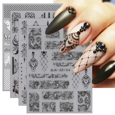Produktbild von 3D Nagelsticker Schwarz Weiß Blumen Nail Art Aufkleber Selbstklebend 4 Blatt