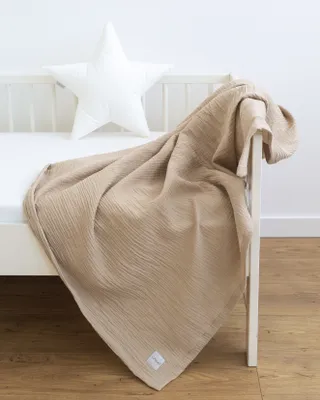 Produktbild von 150 x 200 cm BEIGE MUSSELIN Europäische Baumwolle Kühlende Decke Tuch Sommerdecke Wickeldecke Mullwindel Strandtuch für Baby Kinder Erwachsene