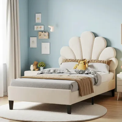 Obrázok produktu pre Detská postel 90x200 cm - Postel s motívom princeznej - Drevený rám s latkovým roštom - Čalúnené čelo v tvare kvetu - Poťah z velúru - Vhodné pre dievčatá a tínedžerky - Béžová farba