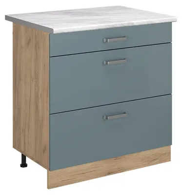 Imagen del producto de Mueble bajo de cocina Vicco R-Line Gris azulado/Roble dorado 80 cm con 3 cajones encimera Mármol, Model 72458