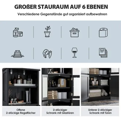 Produktbild von Badschrank mit Glastüren 2 offenen Fächern und verstellbaren Regalen Schwarz